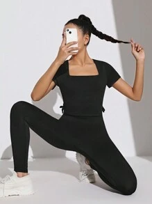 SHEIN Ensemble De Survêtement De Sport Pour Ado Filles, Col Carré Plissé En Tricot Uni Et Pantalon - Noir - Voir 4