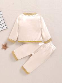 SHEIN Baby Boys' Satin Panel & Woven Tape Decor Long Sleeve Top And Pants Set