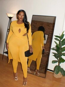 Slaydiva Plus Size Hollow Out Long Top And Skinny Pants Two Pieces Set - Yellow - View 1