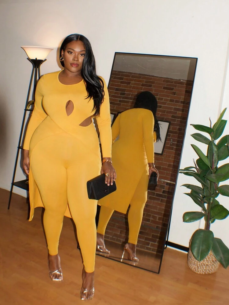 Plus Size Hollow Out Long Top And Skinny Pants Two Pieces Set