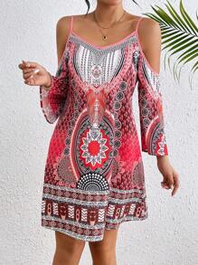 Breezaya Women's Open Shoulder Floral Printed Dress For New Year Clothes Vacation Beach Outfit - Red - View 4