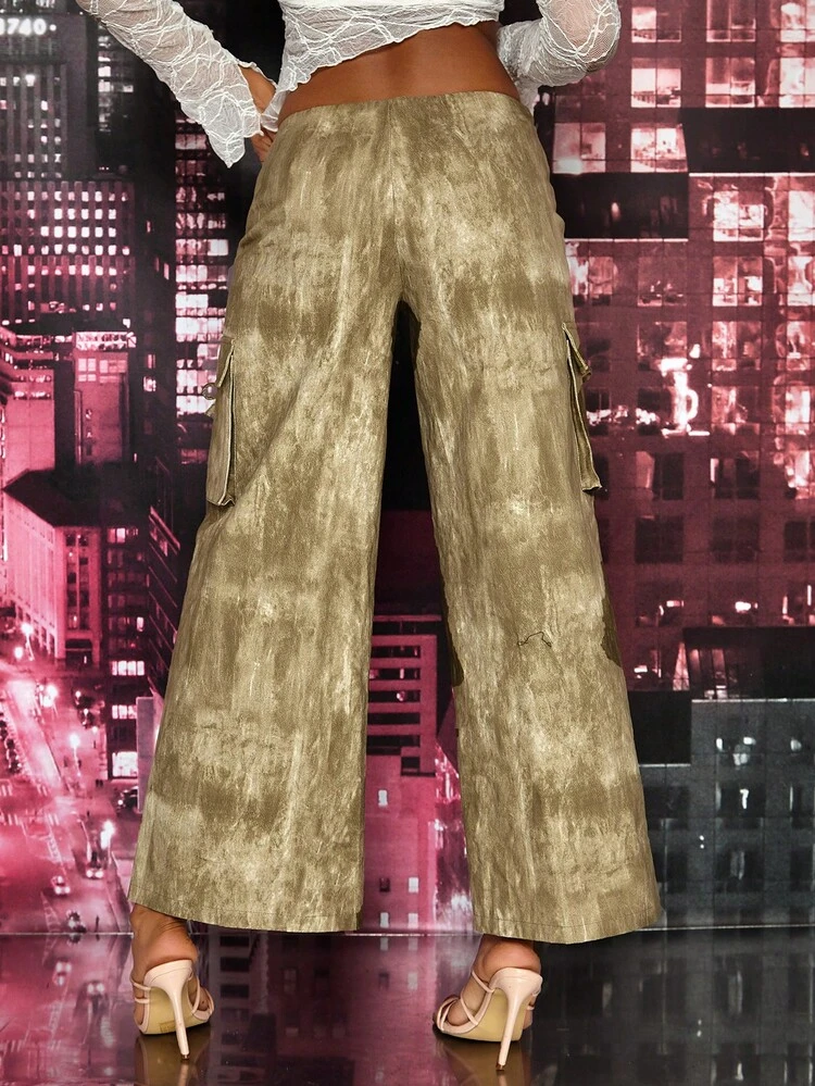 Tie-Dye Fold-Over Waist, 3d Pocket, Wide-Leg Cargo Pants Suitable For Spring/Summer Daily Wear, Street Style, Music Festival Or Holiday Party Outfits