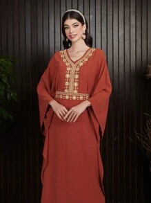 Al Najma 女士短袖蝙蝠袖刺繡裝 - 橘色 - 查看 7