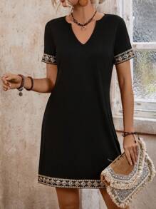 SHEIN LUNE Women's Glitter Geometric Jacquard Ribbon Splicing Notched Collar Dress - Black - View 4