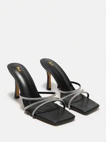 CUCCOO SZL Woman Shoes High-Heeled Sandals With Rhinestone Detailing & Square Toe, Simple Strap Party Shoes For Spring And Summer - Black - View 2