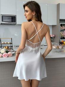 SilkySpell Vestido camisero de pijama con empalme de encaje y satén de unicolor