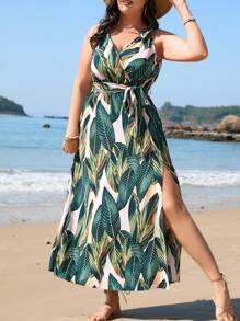 SHEIN VCAY Plus Size Boho Spring/Summer Vacation Tropical Leaf Shoulder Knot High Slit Dress