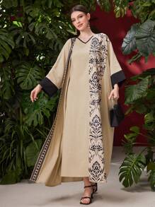 Al Najma Set de 2 piese pentru femei, jachetă la modă cu mâneci tip liliac și rochie cu bordură contrastantă, model elegant - Multicolor - Vizualizare 3