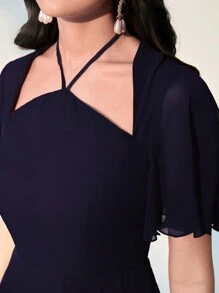 Modelyn Contrast Mesh Detailing Waist Cinched Multi-Tiered Hem Dress - Navy Blue - View 6