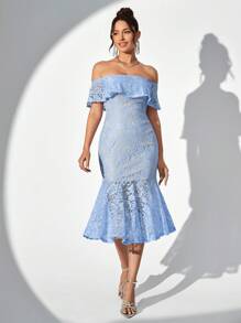 SHEIN Belle 露肩、蕾絲面料、修身美人魚裙 - 淺藍色 - 查看 7