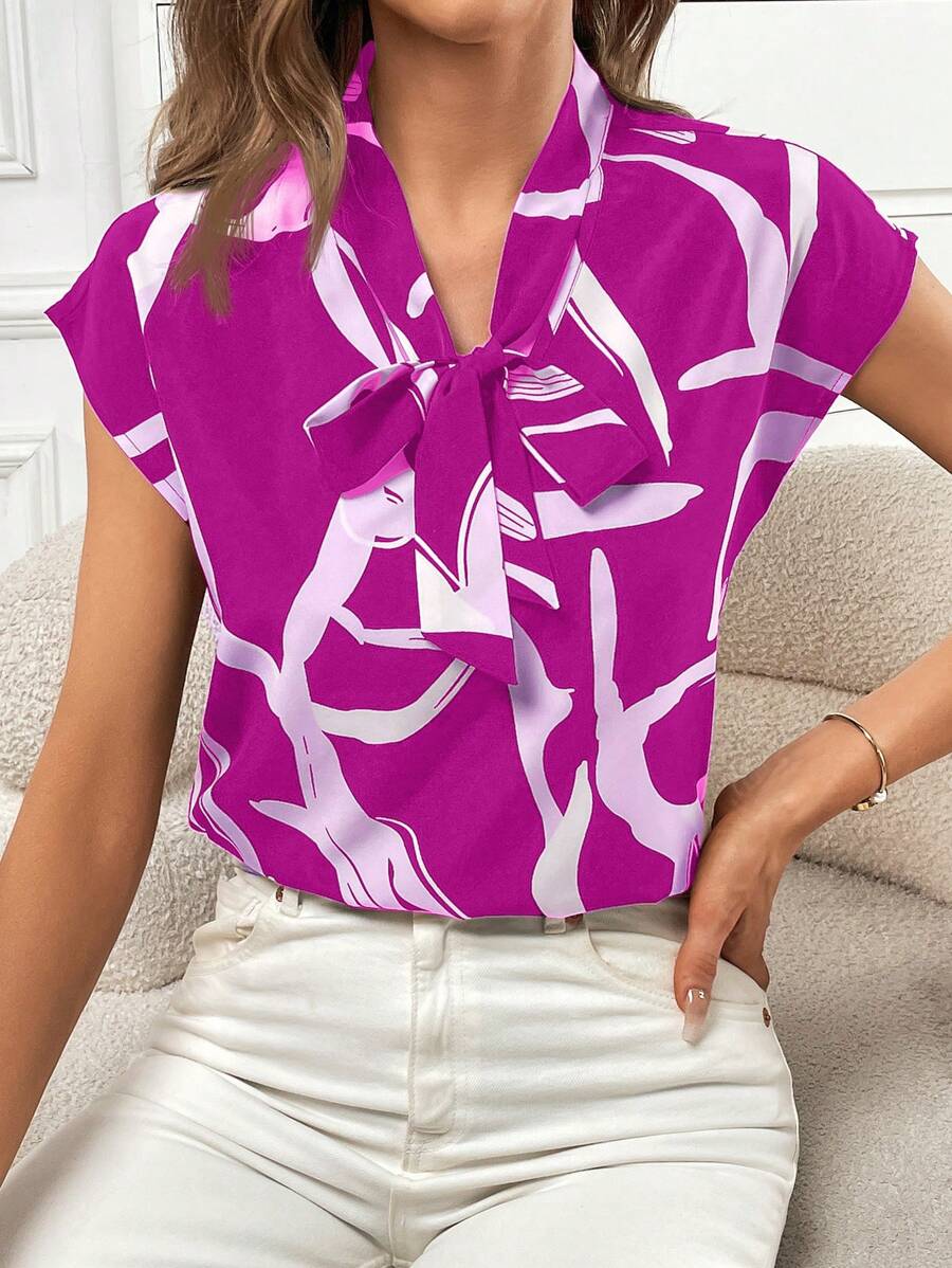 SHEIN Privé Work Women Tops Graphic Print Tie Neck Batwing Sleeve Blouse - Hot Pink - View 1