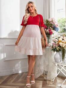 SHEIN Maternity Slouchy Loose Fit Short Sleeve Colorblock Knee Length Dress With Round Neckline, Suitable For Spring And Summer - Multicolor - View 4