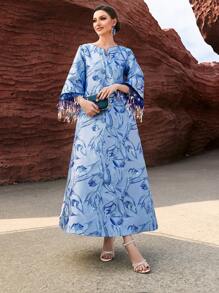 Layrah Blue Jacquard Glitter Trimmed Sleeves Arabic Long Kaftan Dress, Elegant Luxury Evening Party Style - Blue - View 6