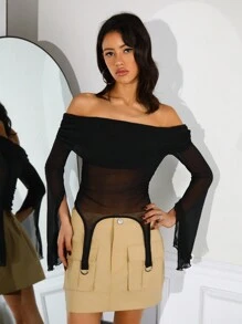 SHEIN ICON Áo trễ vai lưới bất đối xứng tương phản dành cho nữ có viền bất đối xứng - màu đen - Xem 4