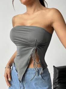 SHEIN EZwear Parte superior tubo con bajo asimétrico y cordón para mujer - Gris - Ver 3