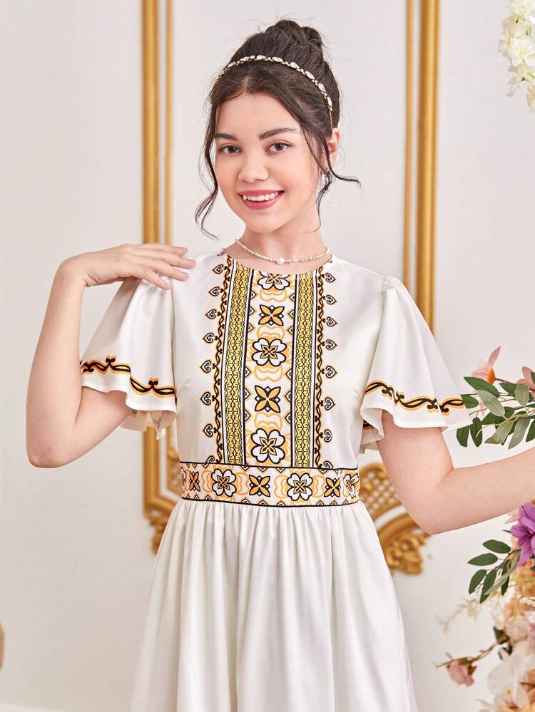 Teen Girl's Woven Floral Print Clothing Ruffle Sleeve Dress