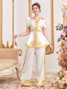 SHEIN Teen Girl's Woven Placement Print Pattern Leg-Of-Mutton Sleeve V-Neck Blouse - White - View 4