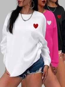 INAWLY Plus Size Heart Embroidery Drop-Shoulder Sweatshirt Graduation,Back To School Outfits,Graduation,Teacher Outfits For Women,Back To School Pullover Fall Outfit - Multicolor - View 1