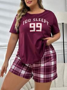 Plus Size Letter Print Short Sleeve Top And Checkered Shorts Pajama Set , Outfits