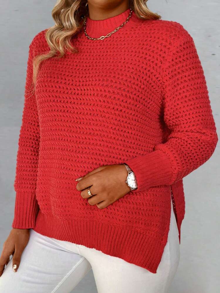 Plus Solid Split Hem Sweater Knit Pullover Fall Winter Sweater