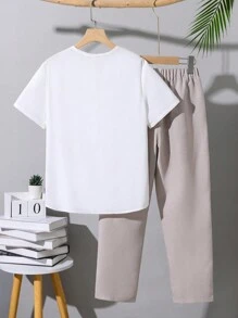 SHEIN 青少年男孩鬆身休閑短袖polo衫和長褲套裝 - 白色 - 查看 2