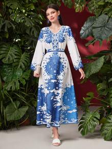 Al Najma Women's Arabic Lantern Sleeve Caftan Dress With Paisley Pattern - Blue - View 4