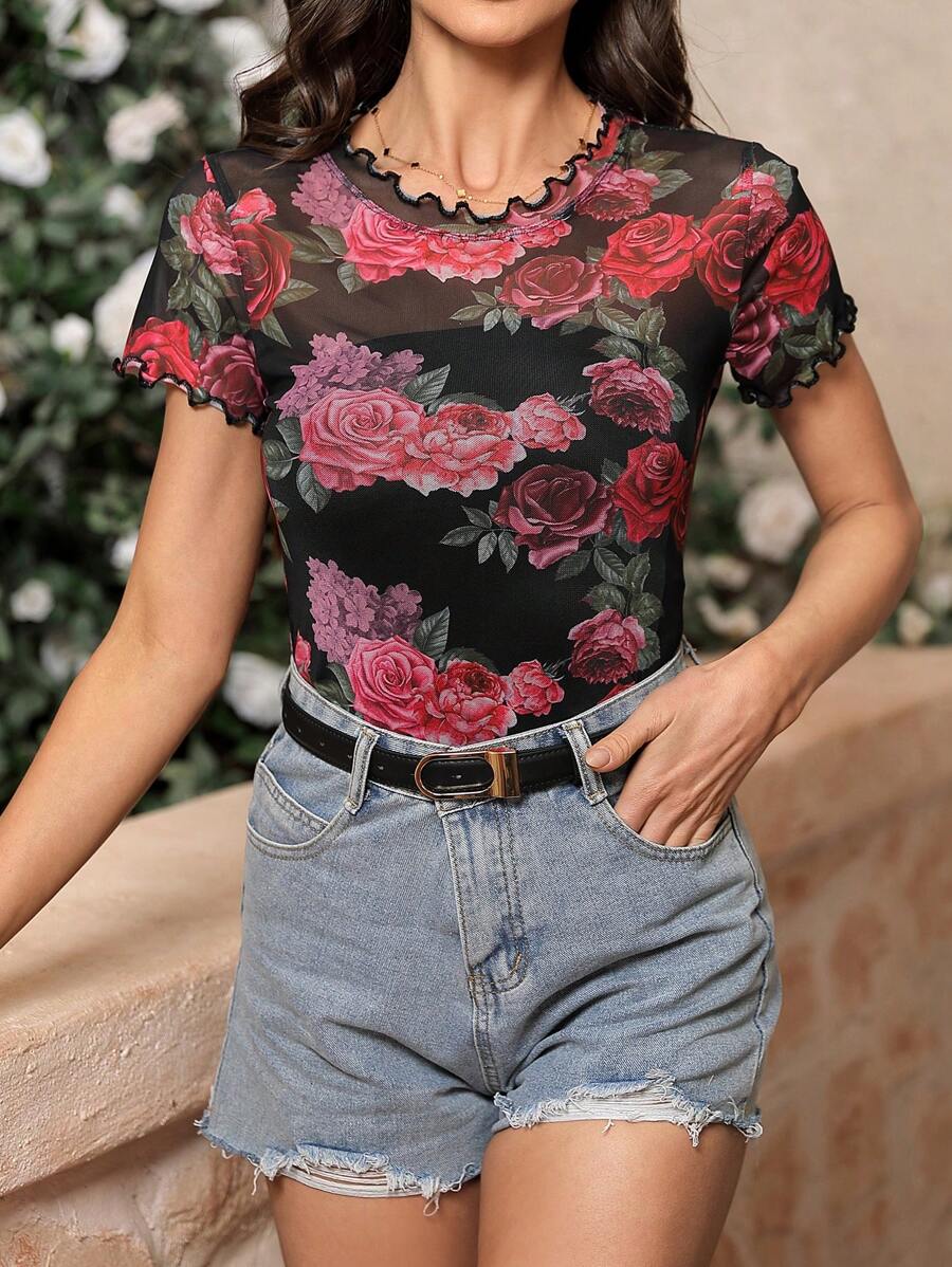 SHEIN Clasi In Hoa hồng Nhìn Xuyên thấu Ngắn tay Áo Quốc gia Buổi hòa nhạc Liên hoan âm nhạc NỮ T Áo sơ mi - Nhiều màu - Xem 1