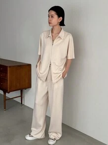 FRIFUL Của phụ nữ Màu thuần Lỏng lẻo phù hợp Giải trí 2 mảnh Bộ - trắng - Xem 1