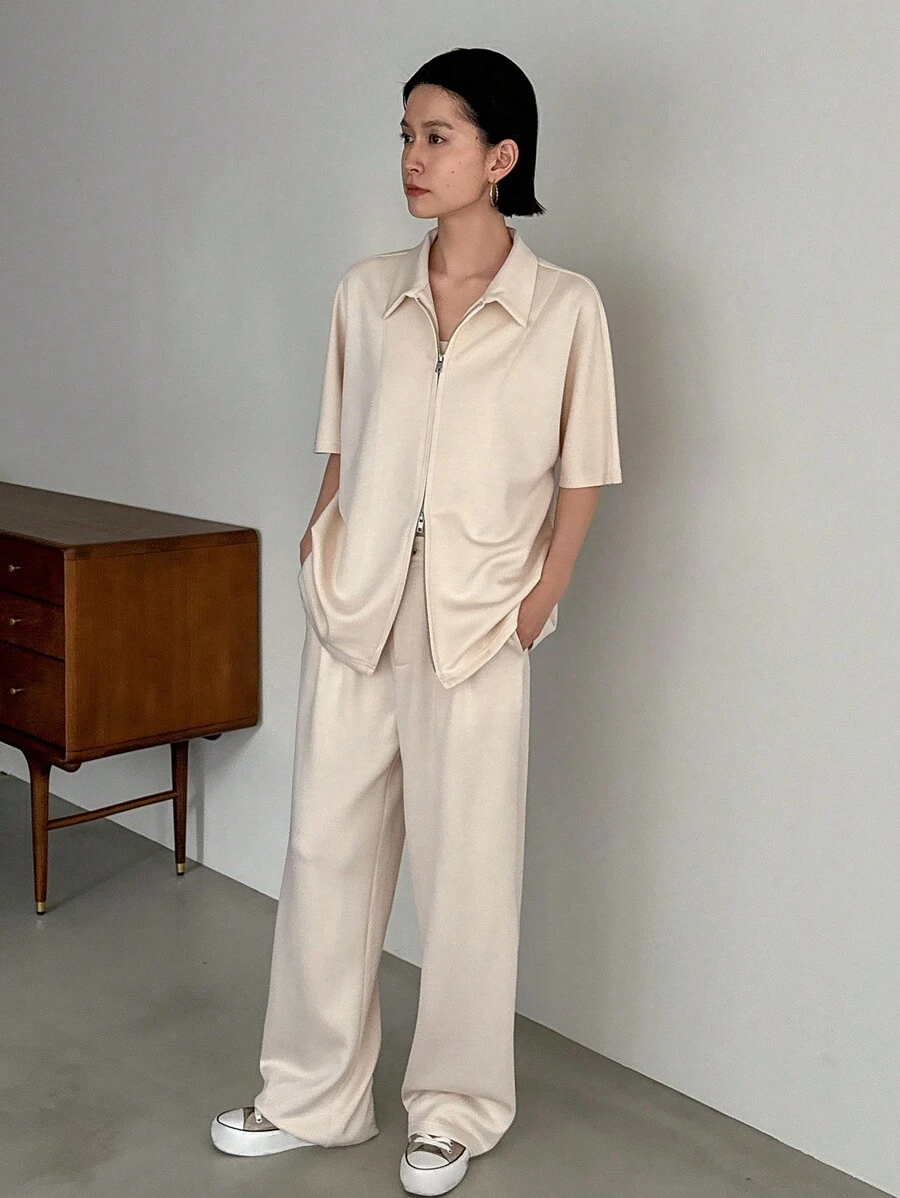 FRIFUL Của phụ nữ Màu thuần Lỏng lẻo phù hợp Giải trí 2 mảnh Bộ - trắng - Xem 1