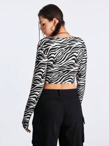 Gameset SHEIN Sport Zebra Print Drawstring V-Neck Short Crop Long Sleeve Workout T-Shirt