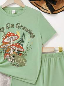 Bộ 2 áo thun tay ngắn và quần short in hình ếch và nấm hoạt hình thường ngày cho bé gái tuổi teen, phù hợp cho mùa hè - màu xanh lá - Xem 3