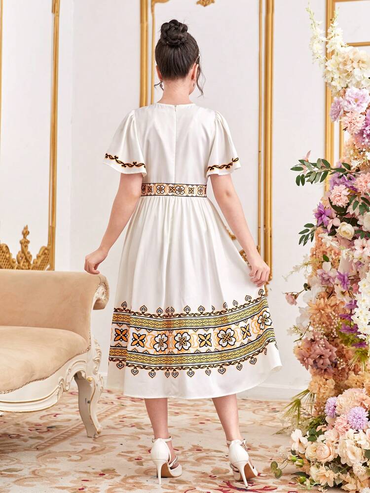 Teen Girl's Woven Floral Print Clothing Ruffle Sleeve Dress