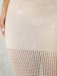 SHEIN BAE Apricot Rose Gold Bronzing Glitter Summer Vacation Crochet Cover Up Hollow Stitching Long Women's Skirt