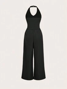 SHEIN X SAMADHI SHEIN Unity 純色夏季休閒露背寬腿連身褲 - 黑色 - 查看 3