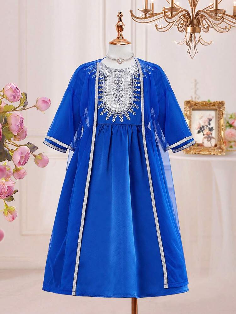 2pcs/Set Loose And Cute Round Neck Dress Set For Tween Girls