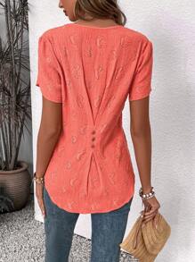 SHEIN LUNE Hollow Out Embroidery Buttoned Back Detail Tie Neckline Shirt - Orange - View 1