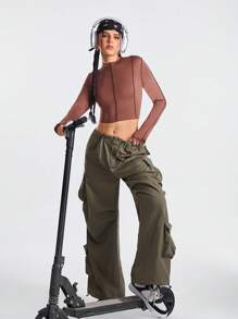 Gameset SHEIN Sport Của phụ nữ Màu thuần Tay áo dài Thể thao Áo thun - Lạc đà - Xem 3