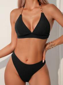 SHEIN Swim Summer Beach Women's Halter Chain Decoration Bikini Set - Black - View 7