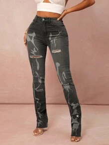 SHEIN SXY Jeans rotos de talle alto con estampado - Gris - Ver 1