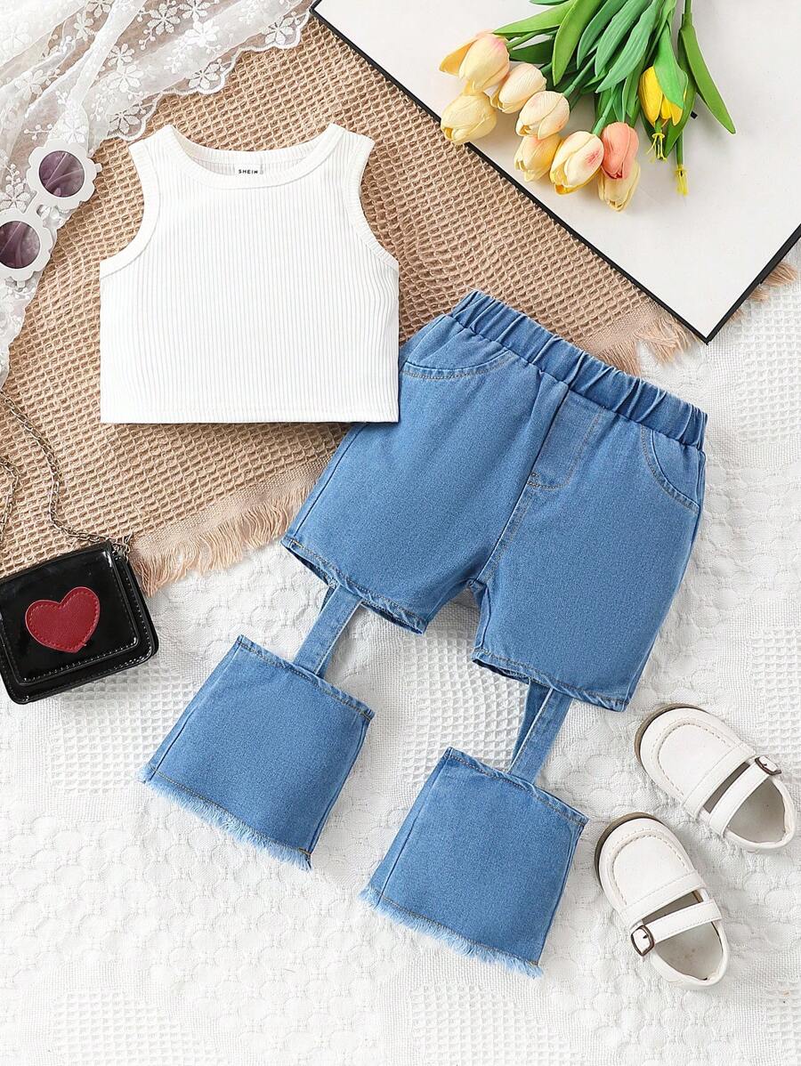 Ensemble de 2 pièces pour bébé fille : Top blanc à la mode et short en jean déchiré, tenue d'été - Blanc - Voir 1