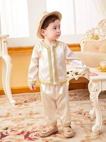 SHEIN Baby Boys' Satin Panel & Woven Tape Decor Long Sleeve Top And Pants Set