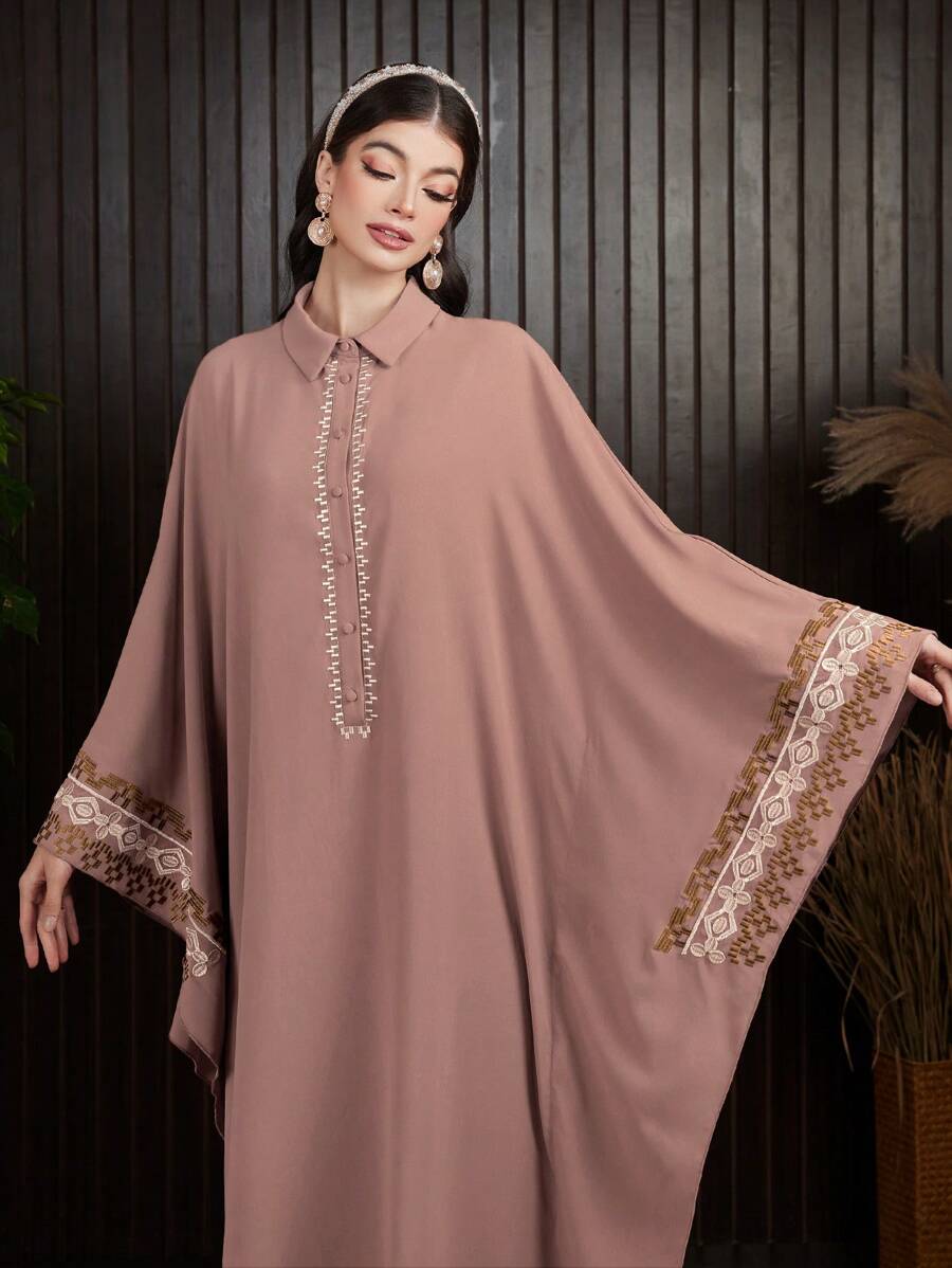 Al Najma Camisa Larga Turca Para Mujer Con Mangas De Murciélago Y Parche De Bordado Floral - Óxido marrón - Ver 1