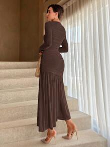 Aloruh Solid Color Round Neck Fishtail Hem Dress,Tea Party Dress - Brown - View 2