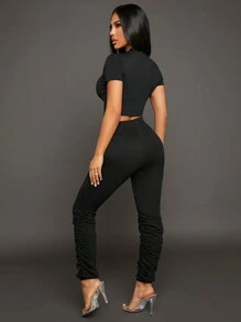 SHEIN SXY Summer Basic Casual Short-Sleeved T-Shirt With Letter Print And Tight-Fitting Trousers - Black - View 2