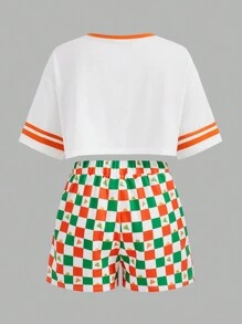 Gudetama X SHEIN 女士卡通字母印花寬鬆t恤和短褲2件/套 - 彩色 - 查看 2