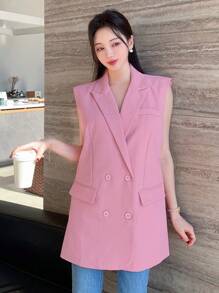 DAZY Áo khoác vest nữ cổ đứng màu trơn đơn giản không tay rộng rãi, mùa thu - Hồng - Xem 4