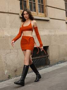 Zolique Gợi cảm Mở Lưng Halter Neck Áo len Với Arm Che phủ - trái cam - Xem 4