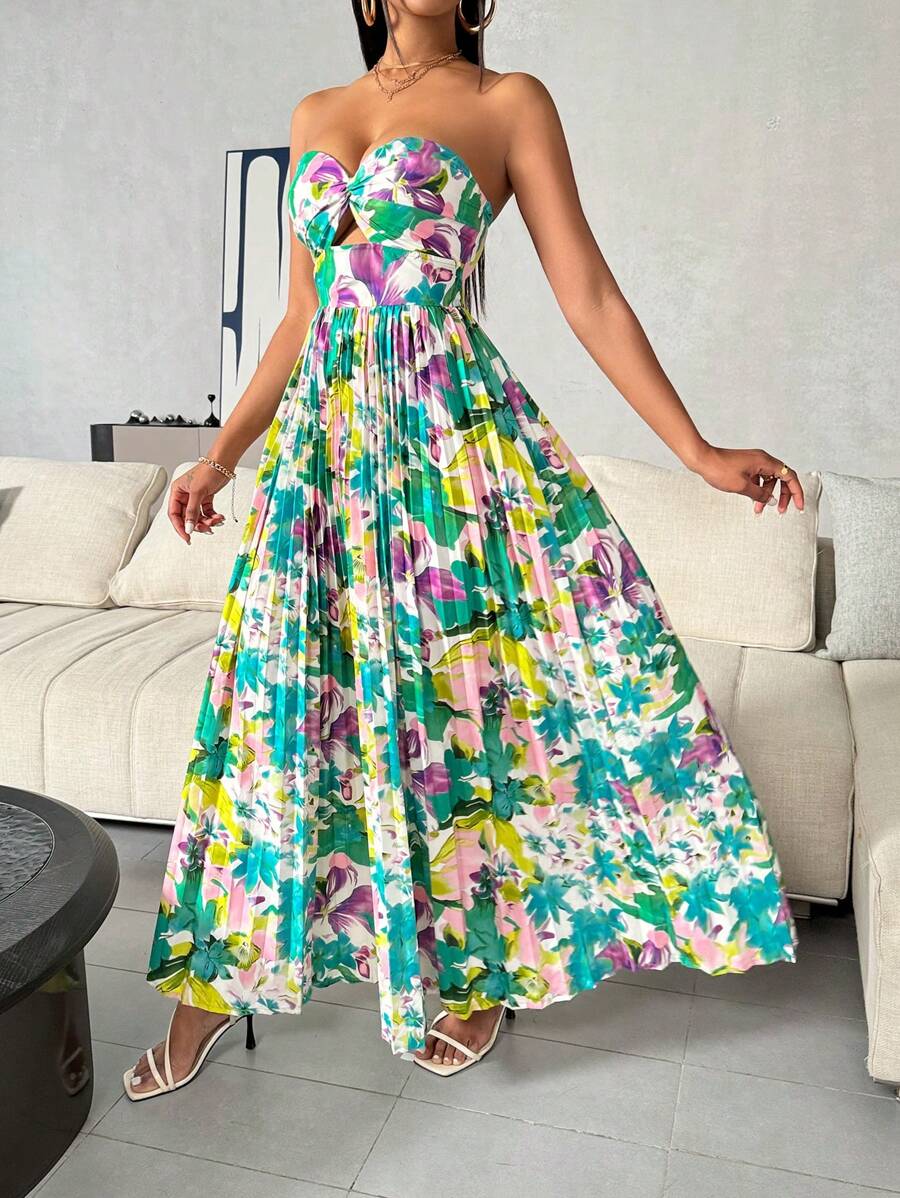 Breezaya Floral Printed Hollow Out Pleated Strapless Dress
