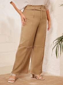 Mulvari Plus Size Solid Color Frayed Wide Leg Pants - Khaki - View 5