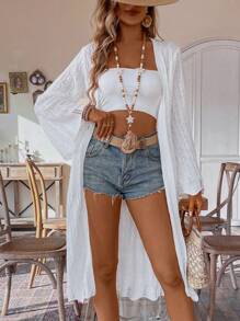 Chiquease Áo khoác cardigan dáng rộng màu trắng phong cách Hawaii Áo cardigan rỗng phong cách Hawaii cho mùa hè - trắng - Xem 7